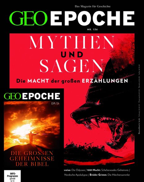 "Mythen und Sagen: Die Macht der großen Erzählungen." Ein aggressiv wirkender Drache und ein Cover mit Sonnenuntergang.
