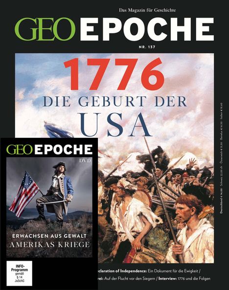 "1776 Die Geburt der USA." GEO Epoche Nr. 137. Illustration von Menschen in historischer Kleidung mit amerikanischer Flagge.