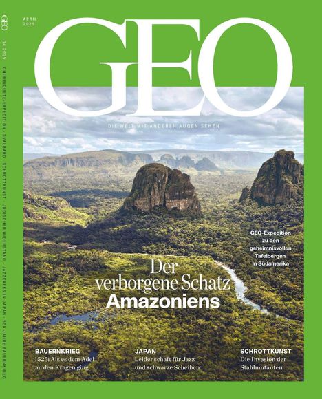 Text: Der verborgene Schatz Amazoniens. GEO-Expedition zu Tafelbergen. Hintergrund: Dschungellandschaft mit Bergen.