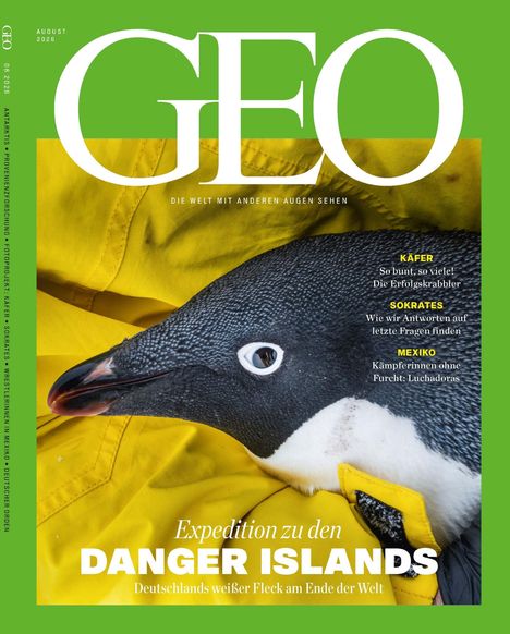 „Expedition zu den Danger Islands“ in weißem Text auf gelbem Hintergrund. Ein Pinguin liegt auf einem gelben Stoff.