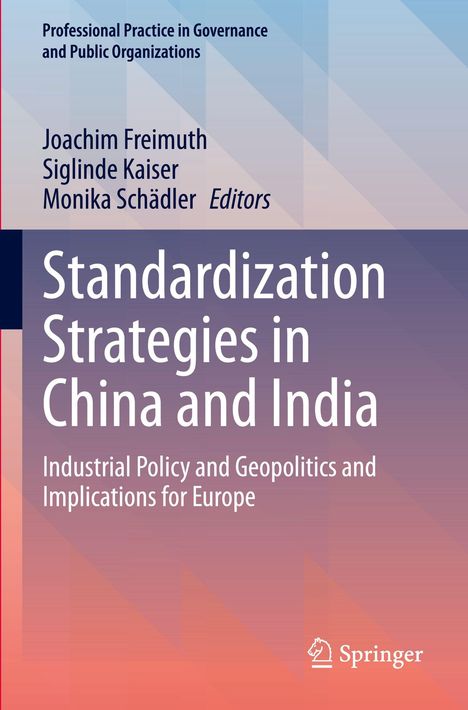"Standardization Strategies in China and India" steht auf einem Buchcover mit geometrischem, mehrfarbigem Hintergrund.