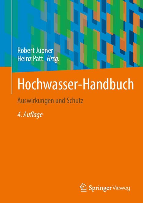 „Hochwasser-Handbuch“ steht auf einem orangefarbenen Hintergrund, geometrische Muster oben.