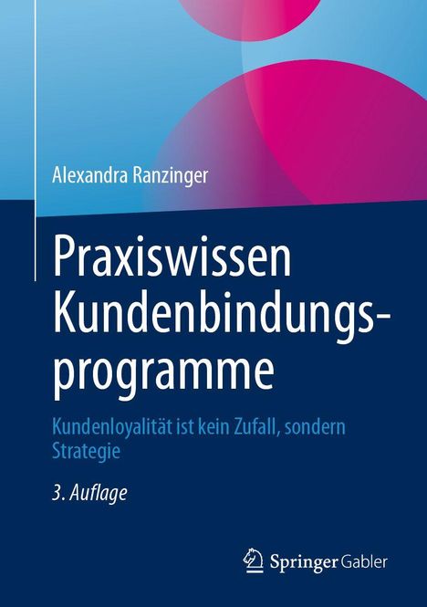 Titel: "Praxiswissen Kundenbindungsprogramme". Untertitel: "Kundenloyalität ist kein Zufall, sondern Strategie". Autor: Alexandra Ranzinger. Farbhintergrund: Blau und Rosa.