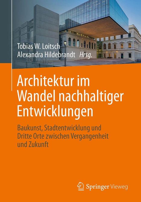 "Architektur im Wandel nachhaltiger Entwicklungen" in Weiß auf Orange, darunter moderne Gebäude-Abbildung.
