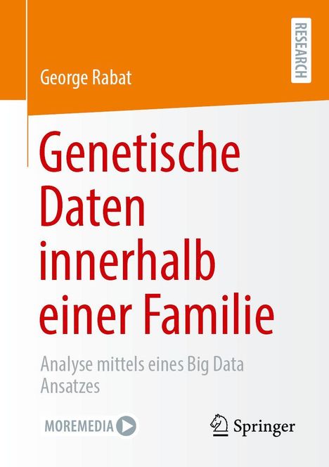 „Genetische Daten innerhalb einer Familie“ von George Rabat, Springer-Logo und MOREMEDIA-Button in weiß-orange Layout.