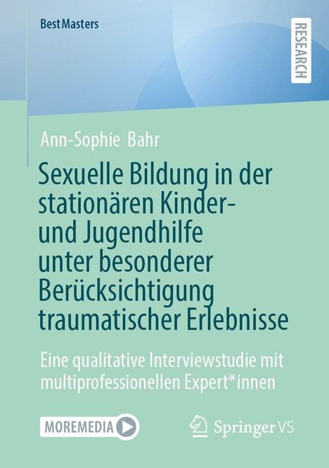 Text: "BestMasters", "Ann-Sophie Bahr", Titel über sexuelle Bildung in Kinder- und Jugendhilfe, Logos von MoreMedia und Springer VS.