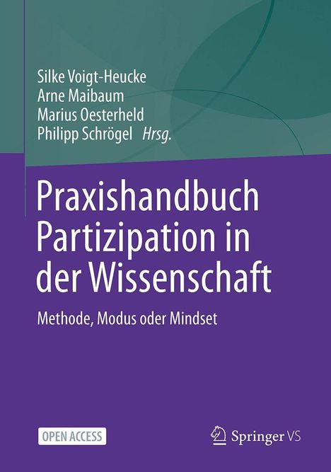 „Praxishandbuch Partizipation in der Wissenschaft“ steht groß auf lila Hintergrund.„Open Access“ labelt es.
