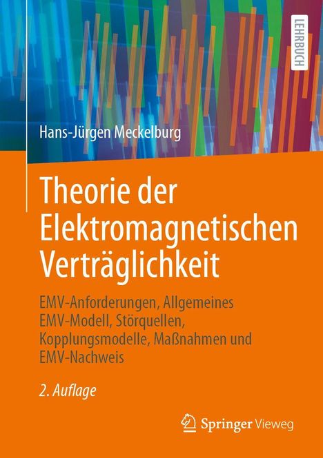 Buchtitel: "Theorie der Elektromagnetischen Verträglichkeit". Autorenname: Hans-Jürgen Mecklenburg. Hintergrund in Blau und Orange.