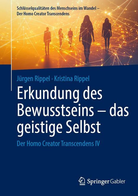 Schlüsselqualitäten des Menschseins im Wandel: Silhouetten von Menschen, goldene Netzwerke auf gelbem Hintergrund.