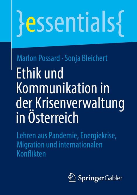 Titel: "Ethik und Kommunikation in der Krisenverwaltung in Österreich". Blaues Design, "essentials" Logo oben.