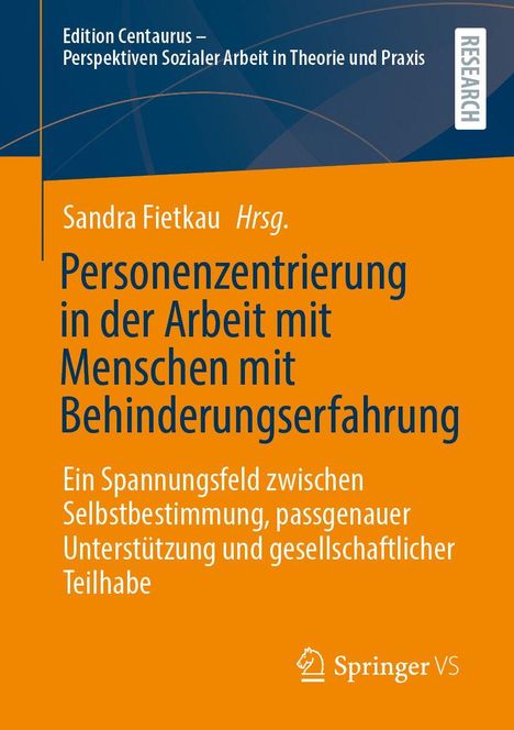 Sandra Fietkau Hrsg. Beleuchtet personenzentrierte Arbeit mit Menschen mit Behinderung. Orange und blaue Gestaltung.