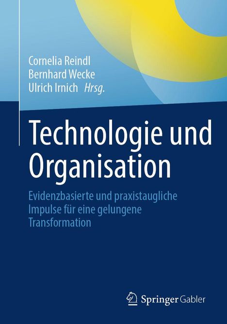 „Technologie und Organisation“ Buchcover, blau mit gelbem Design, Verlagslogo unten.