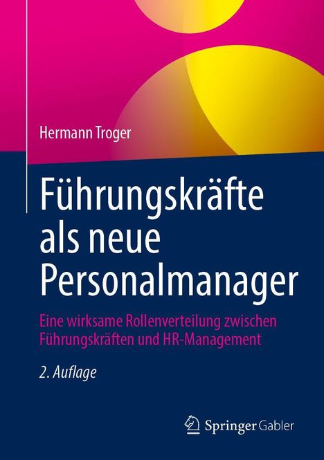 Text: "Führungskräfte als neue Personalmanager", "2. Auflage". Farben: Pink und Blau mit gelben Akzenten.