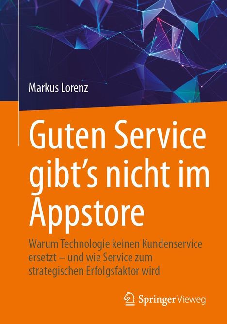 "Guten Service gibt's nicht im Appstore." Ein abstraktes Netz aus geometrischen Formen in Blau und Lila.