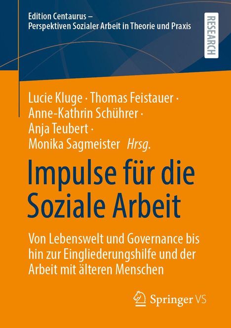 Titel: "Impulse für die Soziale Arbeit". Autoren: Lucie Kluge, Thomas Feistauer u.a. Logo: Springer VS. Hintergrund: Blau und orange.