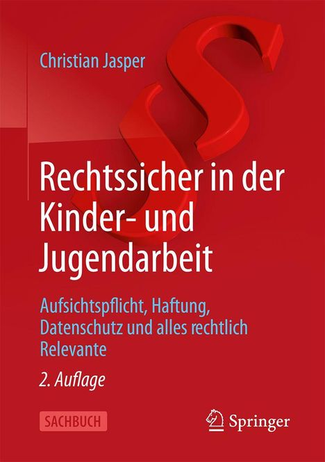 „Rechtssicher in der Kinder- und Jugendarbeit“, roter Hintergrund, großes Paragrafenzeichen.