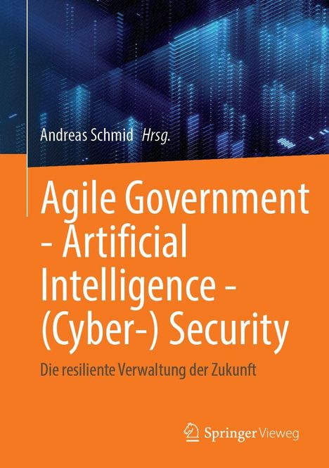 Titel: Agile Government - Artificial Intelligence - (Cyber-) Security. Orange Hintergrund mit modernem, abstraktem Design.