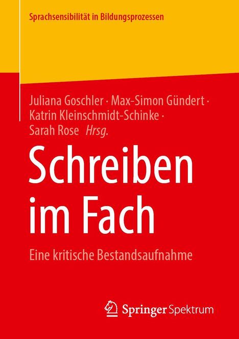 Text: "Schreibensensibilität in Bildungsprozessen", "Schreiben im Fach", "Eine kritische Bestandsaufnahme", Springer Spektrum-Logo.