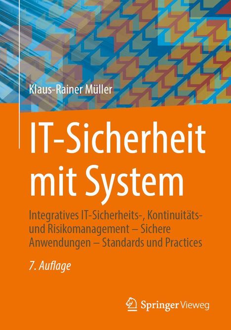 "IT-Sicherheit mit System" von Klaus-Rainer Müller. Orangefarbener Hintergrund, diagonale geometrische Muster oben.