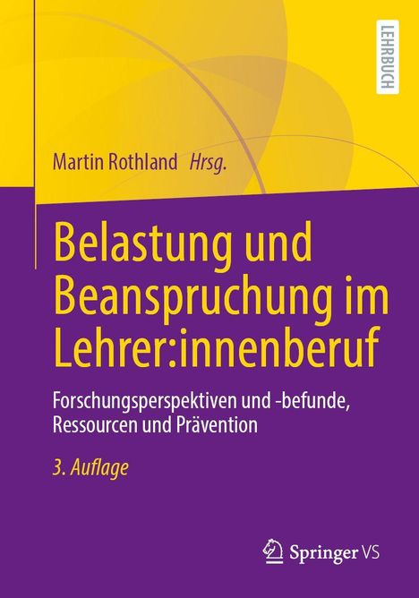 "Belastung und Beanspruchung im Lehrer:innenberuf" in gelber Schrift auf lila Hintergrund, Springer VS Logo.