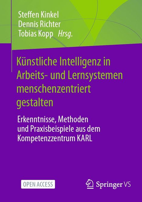 Buchcover mit grünem und violettem Hintergrund. Titel: "Künstliche Intelligenz in Arbeits- und Lernsystemen menszenzentriert gestalten".
