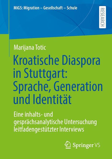 Buchumschlag mit blauem und grünem Hintergrund. Titel: "Kroatische Diaspora in Stuttgart: Sprache, Generation und Identität".