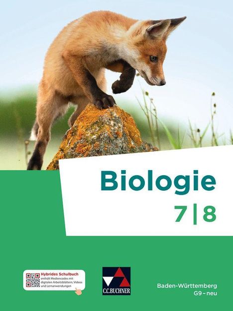 Text: "Biologie 7|8", "Hybrides Schulbuch", "Baden-Württemberg G9 - neu". Ein junges Fuchs auf einem moosigen Stein.