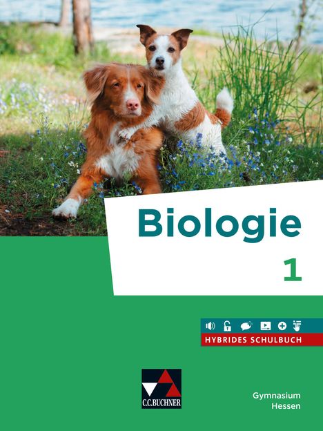 „Biologie 1“, „Hybrides Schulbuch“, „Gymnasium Hessen“. Zwei Hunde auf einer Wiese vor einem See, grüner Hintergrund.