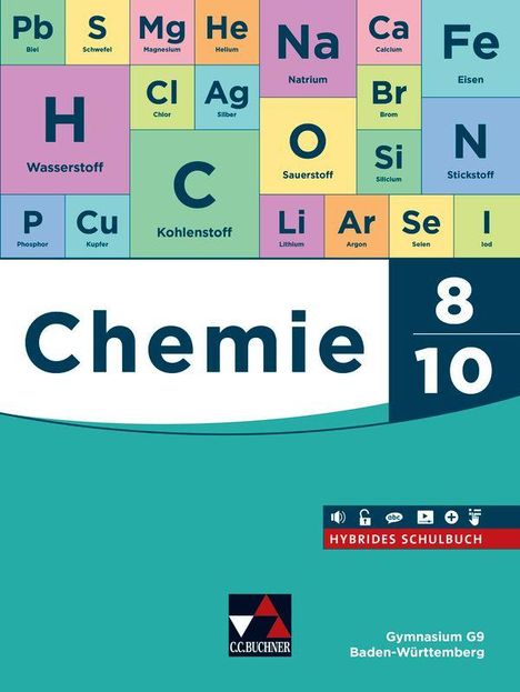 Periodensystem-Elemente und Symbole. Text: "Chemie 8/10", "HYBRIDES SCHULBUCH", "Gymnasium G9 Baden-Württemberg".