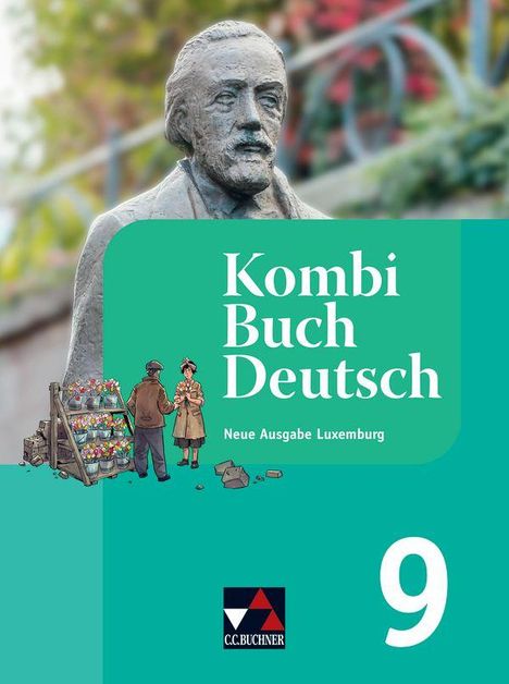 „Kombi Buch Deutsch, Neue Ausgabe Luxemburg, 9“. Eine Statue, Floristin und Kunde. Grüner Hintergrund.