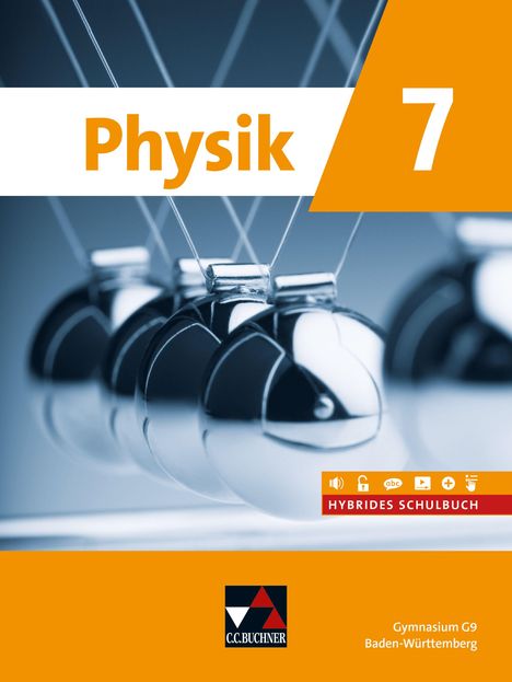 „Physik 7“ steht in großen Buchstaben, darunter „Hybrides Schulbuch.“ Abgebildet sind pendelnde Kugeln in Bewegung.