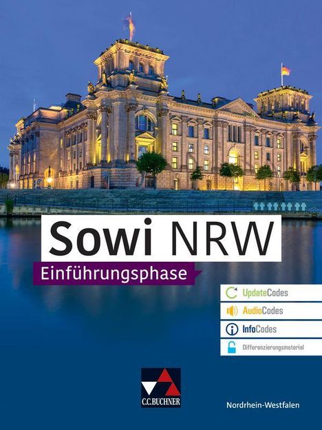 "Sowi NRW, Einführungsphase" steht prominent. Darunter Symbole für UpdateCodes, AudioCodes, InfoCodes, und Material. Im Hintergrund ein beleuchtetes historisches Gebäude.