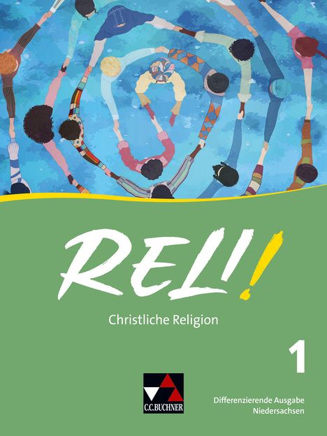 Text: "RELI! 1. Unterschiedliche Ausgabe Niedersachsen." Illustration: Leute halten sich an den Händen in einem Kreis.