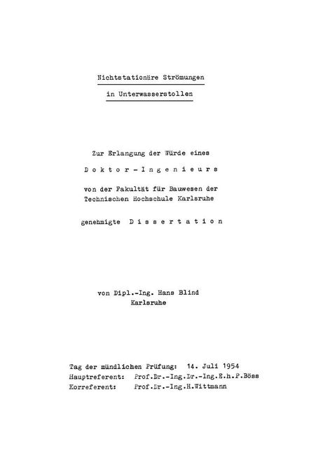 Hans Blind: Nichtstationäre Strömungen in Unterwasserstollen, Buch