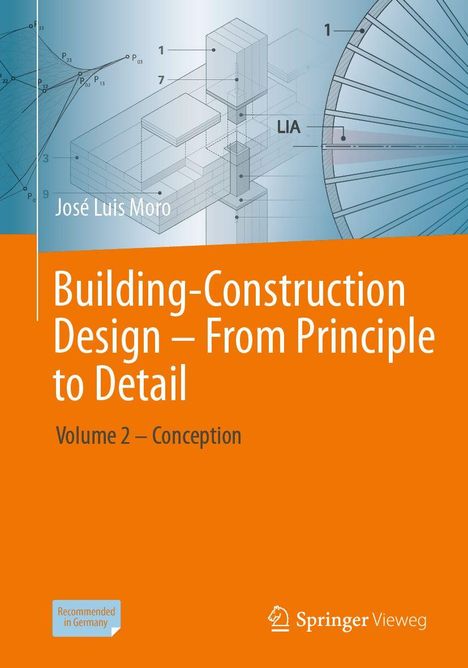 Titel: Building-Construction Design – From Principle to Detail, Volume 2 – Conception. Blau-orangefarbener Hintergrund mit technischem Diagramm.