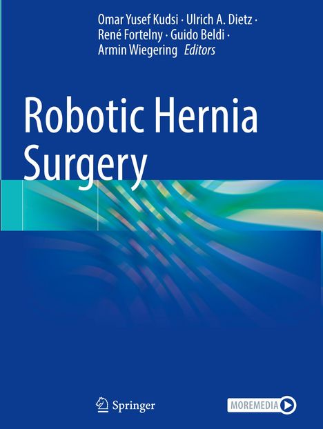 "Robotic Hernia Surgery". Oben stehen die Herausgebernamen. Blau-grüner Hintergrund mit geschwungenen Linien.