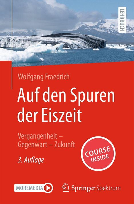 "Auf den Spuren der Eiszeit" von Wolfgang Fraedrich, 3. Auflage. Lehrbuch mit Eisbergen im Wasser vor Bergkulisse.
