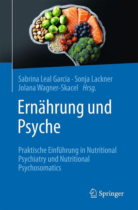 "Ernährung und Psyche", Buchcover. Lebensmittel in Gehirnform: Lachs, Gemüse, Nüsse. Springer-Logo unten rechts.