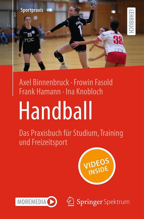 "Sportpraxis", "LEHRBUCH", "Handball", "VIDEOS INSIDE" auf rotem Hintergrund. Frauen spielen Handball.