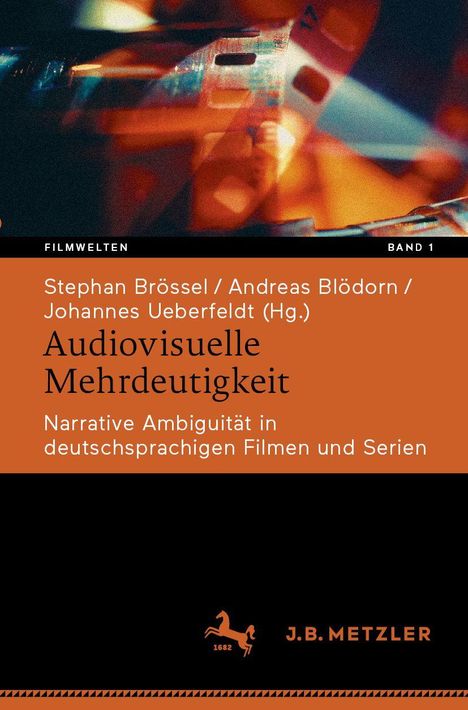 Stephan Brössel, Audiovisuelle Mehrdeutigkeit. Bunte, unscharfe Lichter. Logo eines Pferdes, J.B. Metzler darunter.