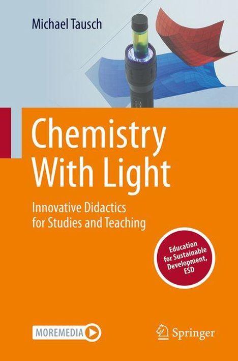 Text: "Chemistry with Light. Innovative Didactics for Studies and Teaching." Oben Grafik eines Lasers und Wellenformen.