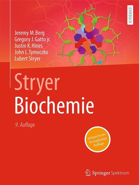 „Stryer Biochemie, 9. Auflage“, Liste von Autoren, Springer Spektrum Logo, abstraktes Molekül auf rotem Hintergrund.