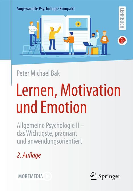 "Lernen, Motivation und Emotion" von Peter Michael Bak, 2. Auflage. Illustration: Menschen lesen und interagieren.