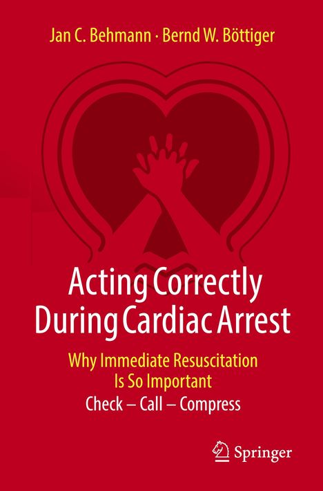 "Acting Correctly During Cardiac Arrest" steht über einem Herzsymbol mit Händen in Wiederbelebungsposition. Springer-Logo unten.