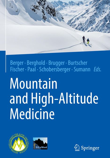 Buchtitel: "Mountain and High-Altitude Medicine". Winterliche Berglandschaft, zwei Skifahrer, zwei Logos unten.
