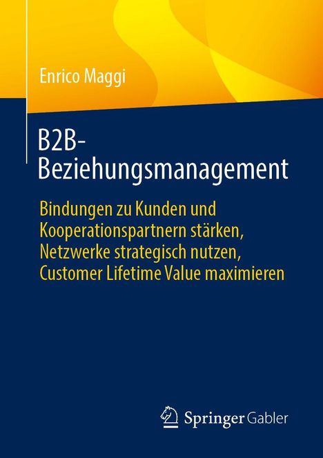 Titel: "B2B-Beziehungsmanagement". Autor: Enrico Maggi. Thema: Kundenbindung und Netzwerke. Gelb-blaues Design. Springer-Logo.