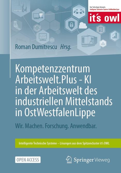 Titel: Kompetenzzentrum Arbeitswelt.Plus - KI in der Arbeitswelt des industriellen Mittelstands in OstWestfalenLippe. Cover in Blautönen mit einem Logo oben rechts.