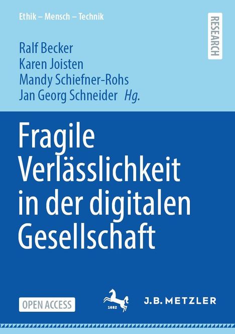 "Fragile Verlässlichkeit in der digitalen Gesellschaft" auf blauem Hintergrund, mit Autoren und dem Verlag J.B. Metzler.