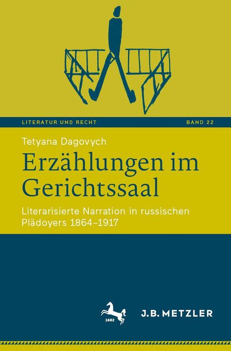 Erzählungen im Gerichtssaal. Illustration eines stilisierten Richters mit Waage. Farben: Gelb und Blau.
