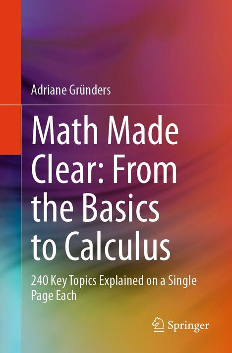 Adriane Gründers: Math Made Clear. 240 Themen auf je einer Seite. Bunte, abstrakte Hintergrundgestaltung. Springer-Logo.